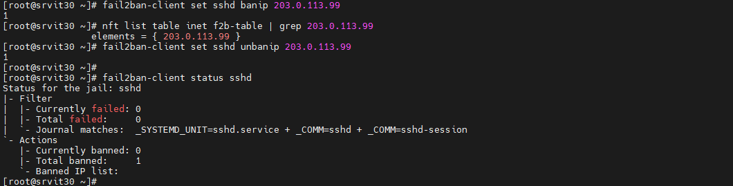 Terminal: fail2ban-client bans 203.0.113.99 in the sshd jail, nft list table inet f2b-table shows the address in the set's elements, the address is unbanned, and the jail status shows Total banned: 1.