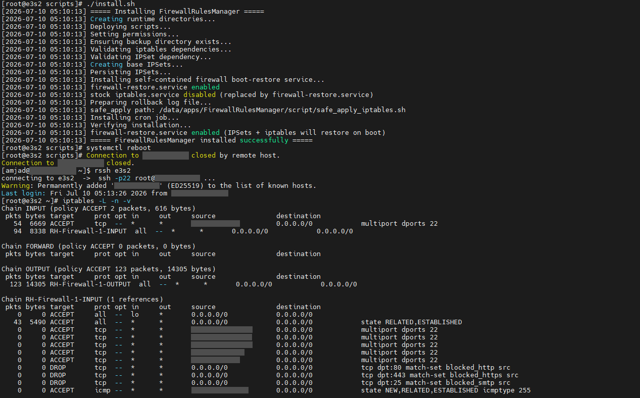 Terminal: the FirewallRulesManager installer creates and persists the base IPSets and installs a boot-restore service; the node is rebooted; after reconnecting, iptables -L shows the protected SSH rule at the top of the INPUT chain above the jump into RH-Firewall-1-INPUT, and the generated chain contains the SSH allowlist and DROP rules matching the blocked_http, blocked_https and blocked_smtp IPSets. Addresses and the control node's host name are redacted.