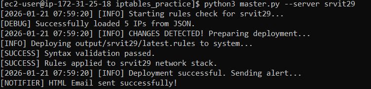 Orchestrator log output showing policy loaded from JSON, changes detected, rules deployed, syntax validation passed, and an alert email dispatched.