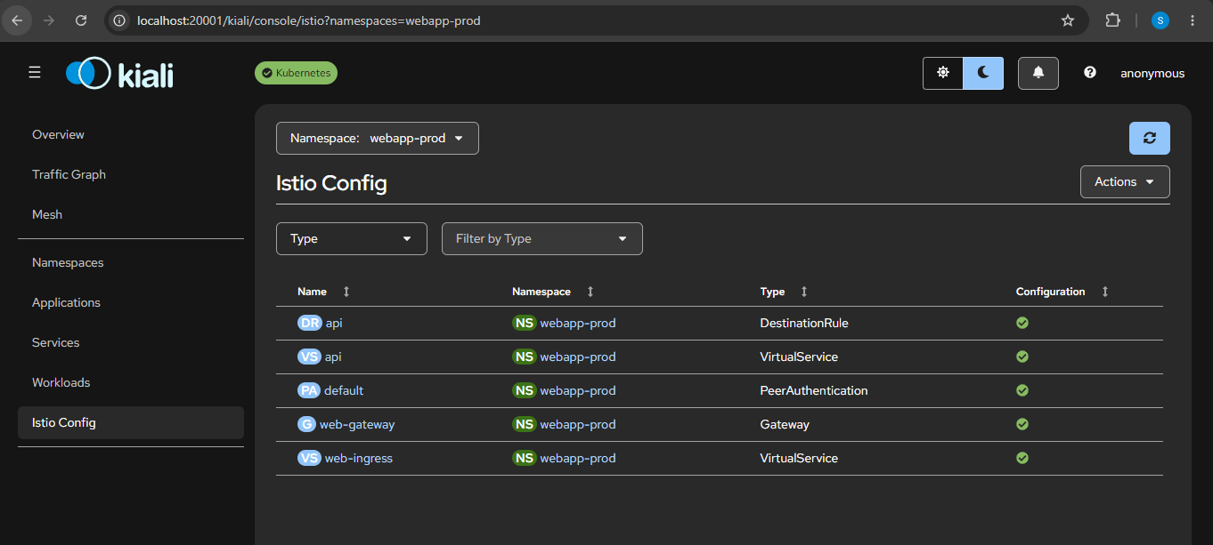 Kiali Istio Config for webapp-prod: DestinationRule api, VirtualService api, PeerAuthentication default, Gateway web-gateway and VirtualService web-ingress, each with a green valid tick.