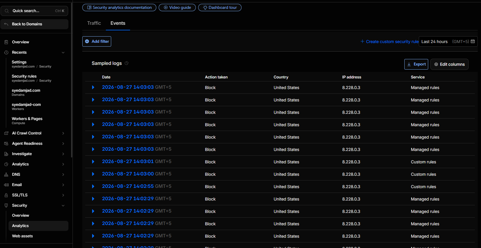 Cloudflare Security Events log showing live block actions attributed to Custom rules and Managed rules, with request paths and timestamps.