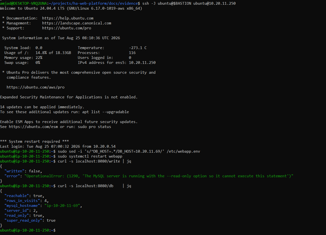 The same web node with DB_HOST edited to the replica address and the app restarted: /write returns written false with MySQL error 1290, the server is running with the --read-only option; /db reports server_id 2, read_only true and super_read_only true.