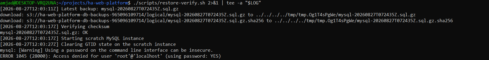 An earlier run of the same restore script failing with ERROR 1045 access denied for user root at localhost, after the checksum verified successfully.