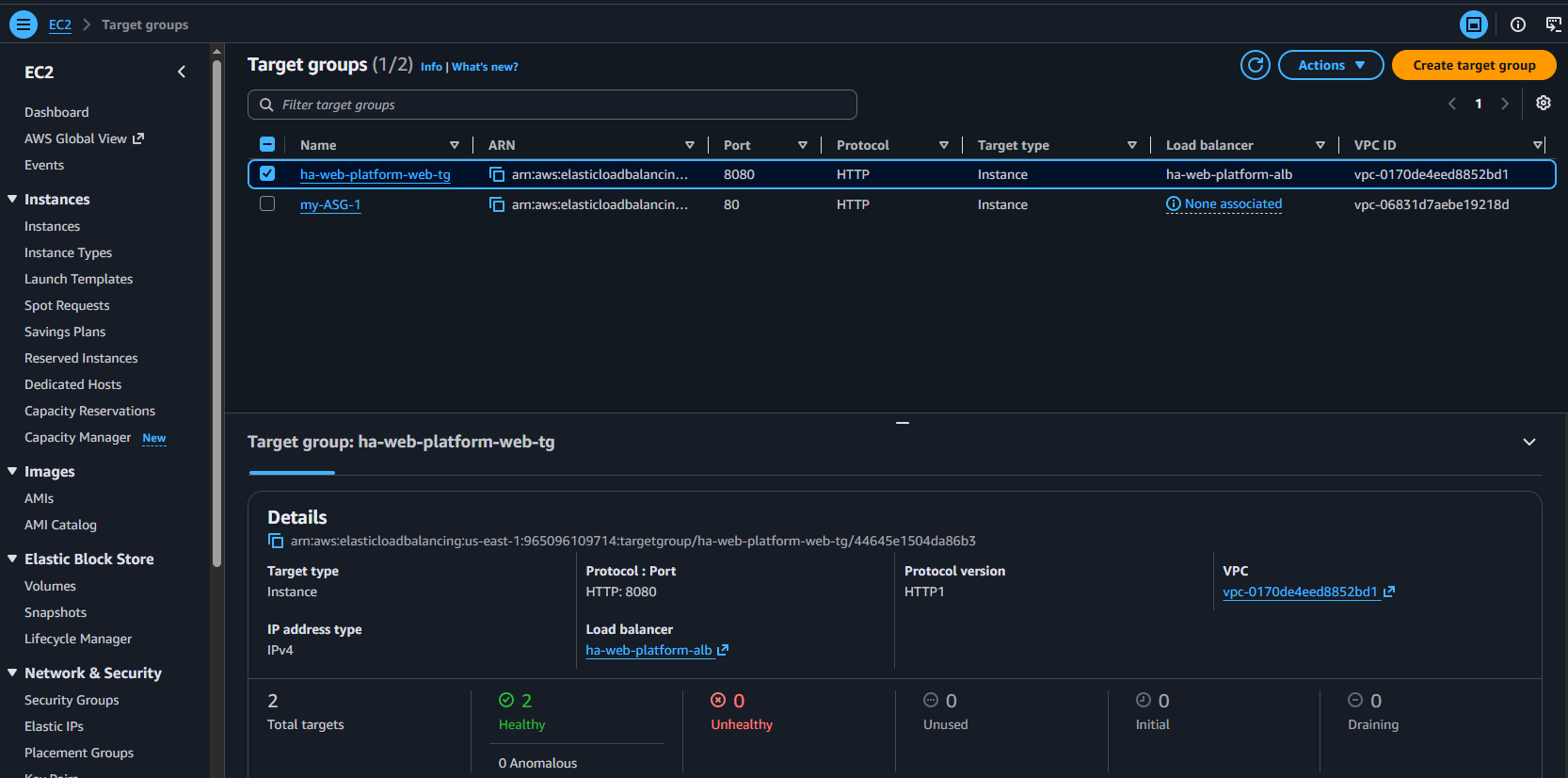 AWS target group console showing 2 total targets, 2 healthy, 0 unhealthy, 0 unused, registered on port 8080 across two availability zones.