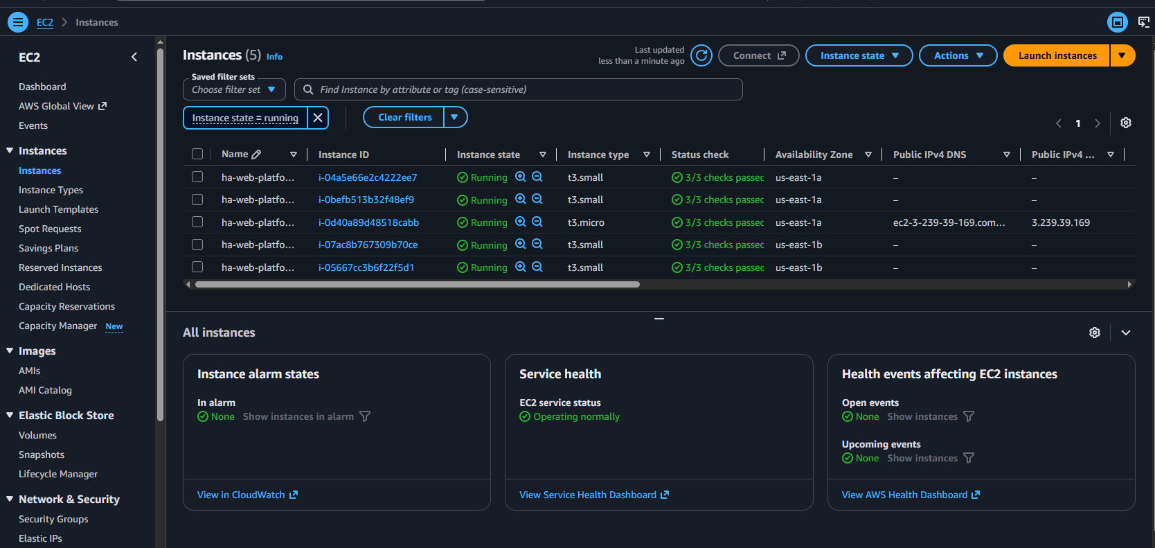 AWS EC2 console listing five running instances across us-east-1a and us-east-1b. The Public IPv4 column shows a dash for all four t3.small web and database nodes; only the t3.micro bastion has an address.