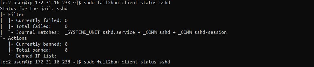 fail2ban-client status sshd showing the sshd jail active with filter and ban actions configured.