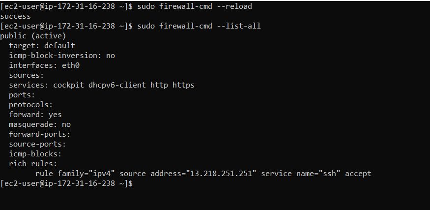 Output of firewall-cmd --list-all showing the public zone active with a rich rule restricting SSH to a single source address.