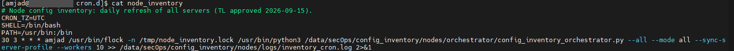 Terminal: the node_inventory cron file — a comment noting daily refresh of all servers, TL approved 2026-09-15, CRON_TZ UTC, and a 03:30 entry running the orchestrator under flock with --all --mode all --sync-server-profile --workers 10, appending to an inventory log.