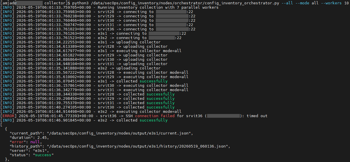 Terminal: the orchestrator runs across seven servers in parallel — connecting, uploading the collector, executing mode=all, collected successfully — while one server fails with an SSH connection timeout. The JSON result for one server shows a current.json path, a timestamped history path, a 2.45 second duration and status success. Addresses and the control node's hostname are redacted.