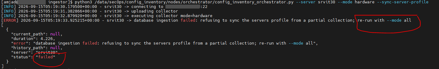 Terminal: the orchestrator is run for one server with --mode hardware and --sync-server-profile. It connects, uploads and executes the collector, then fails with 'database ingestion failed: refusing to sync the servers profile from a partial collection; re-run with --mode all'. The result shows status failed with null output paths. Red hand-drawn circles highlight the error and the status.