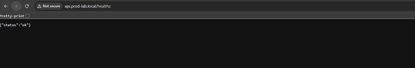 Browser showing the application health endpoint returning a JSON status ok response.