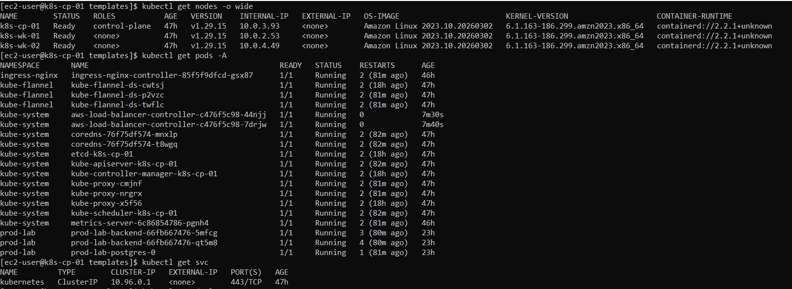 kubectl get nodes -o wide showing a control plane and two workers on Kubernetes v1.29.15 with containerd, followed by kubectl get pods -A listing flannel, CoreDNS, etcd, apiserver, scheduler, metrics-server, the AWS Load Balancer Controller and application pods.