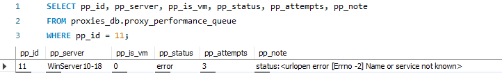 Database query for one queue row: server WinServer10-18, pp_is_vm 0, status error, 3 attempts, note 'urlopen error Errno -2 Name or service not known'.