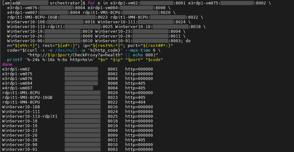 Terminal: a loop probes eighteen Windows VMs with curl on the CheckProxy route. Four return http=405, one returns http=404, and thirteen return http=000000 — nothing listening. All addresses are redacted.